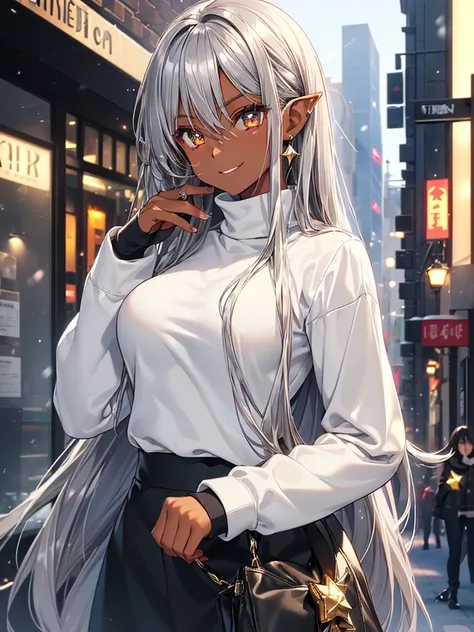 Around town、((Stylish winter clothes、turtleneck long sleeve shirt ))、 greatest masterpiece、 high definition 、 High Quality 、32K、( dark elf teenager women、1 person、 holding a star 、 normal sized breasts、((Beautiful silver hair))、((Tanned dark skin))、  golde...