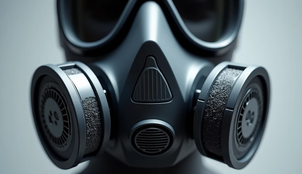 A close-up of a respirator mask with filter cartridges filled with activated carbon