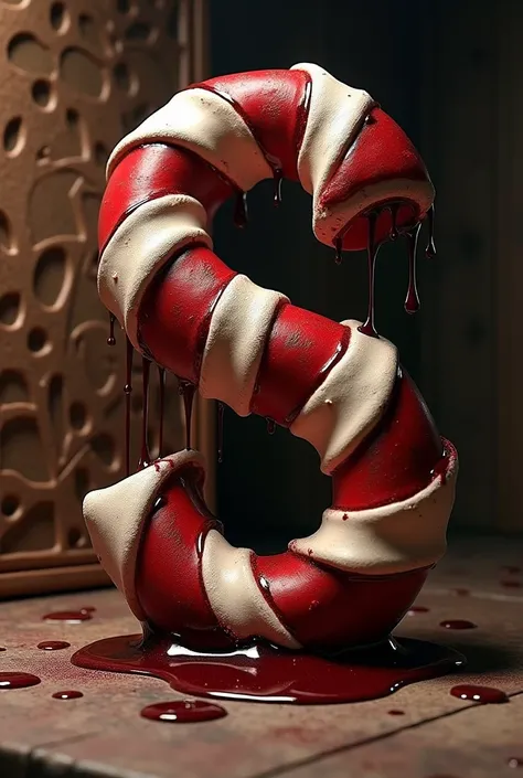 Sinister 3D alphabet character S styled as a sharp-edged candy cane, dripping with dark syrup and set in a cursed gingerbread house