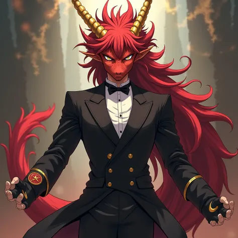 anime,chico,young,man,yellow eyes With concentric circles ,golden horns, long intense red hair , fingerless fighting gloves with a red crescent in the middle,black tuxedo, Inspired by Awataguchi Takamitsu,  like an anthropomorphic dragon ,  full body !