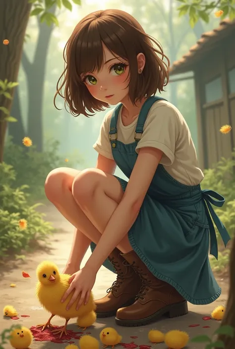  soft brown medium bob girlfriend 、 gentle green eyes smile like trouble 。 knee-length denim skirt and large apron 、 brown boots 。Crouching、 one chick is trampled down at her feet with the heels of her boots、Yellow feathers and viscera scattering 。Glo imag...