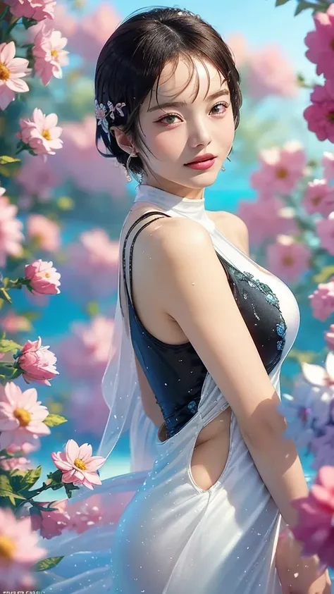 (((upper body))), from front, ((look at viewer)), ((nsfw)), 
1 girl, cute girl, Clear skin, Small face, (((slender))), Whitening, (((Large Breasts))), 
(((White one piece dress:1.3))), cleavage, sexy, Transparent, Trendy clothes, 
turquoise Flowers, surrou...