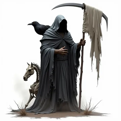 Create a realistic image of the Grim Reaper with its face hidden by a hood. Its left hand holds a scythe, and its right hand carries a large, tattered flag over its shoulder. A crow perches on its shoulder. The Grim Reaper is riding a skeleton horse. The b...