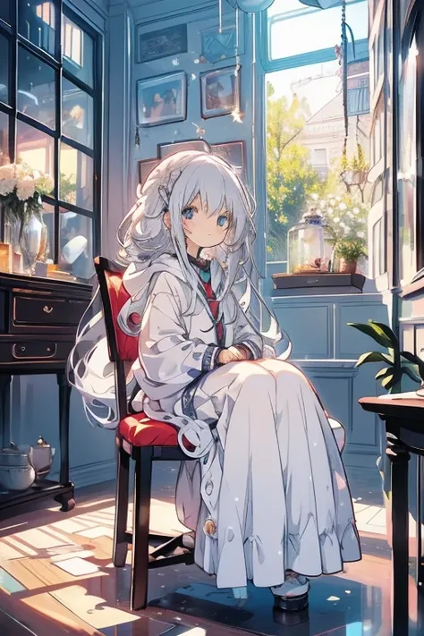     Silver Hair、  Long straight hair、 cute***、 cute、Canton 、Read a book、Quiet、  look up  、、    White Dress  、    hoodies     、 Window  、、  sit on a chair、、Anxious expression、 straight