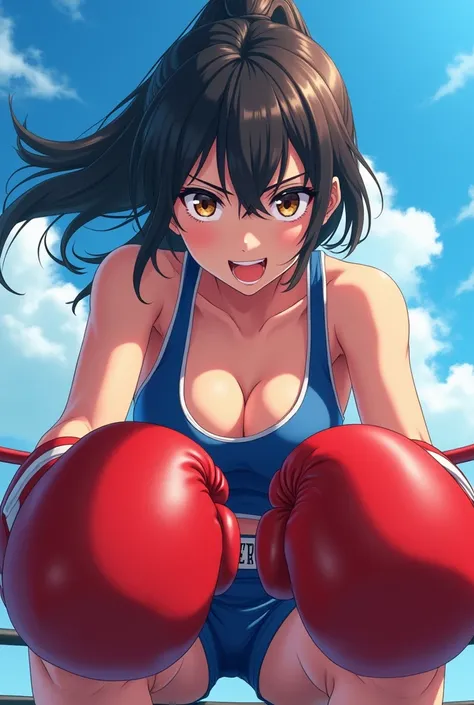 (Amazing. Super high quality. So beautiful. Super detailed. Perfect face. Perfect eyes. Perfect anatomy. A masterpiece. Unbelievable.) Dynamic perspective. 2D, Japanese anime cel style. Blue sky. Front view. A female boxer sitting on top of a beautifully d...