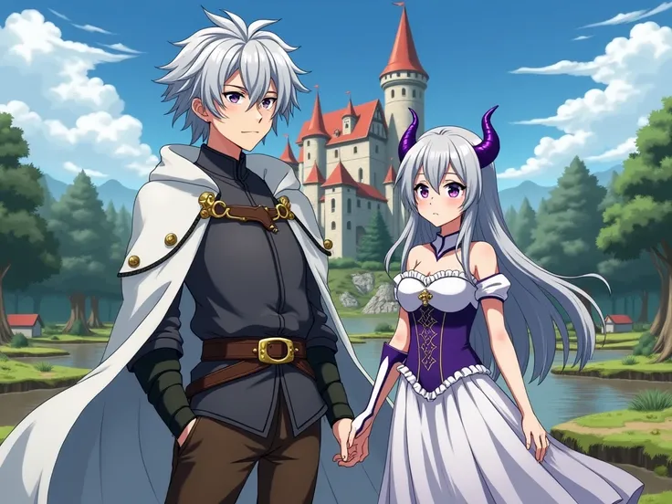 Anime style, image of a guy with disheveled silver hair. He is wearing a dark gray medieval outfit with a white cloak fastened with metal brooches and leather belts, and brown pants. Next to him stands a beautiful girl with silver hair, and curved purple h...