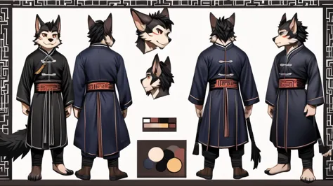 no background、  cute chinese-style werewolf boy character model sheet。it depicts the same character from 3 angles 、 model sheet ...