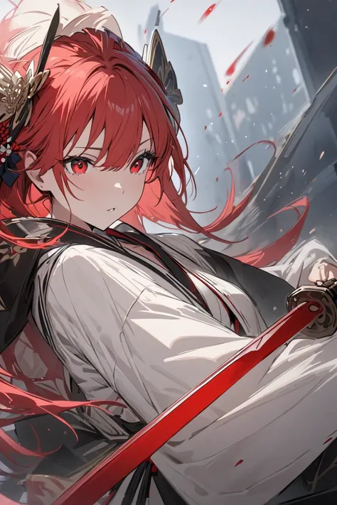 (( best quality)), ((masterpiece)), ( Details),  female in her 20s,  hair ornament, Light red hair ,  red eyes, Carrying a sword,  Japanese clothes that are easy to move,  less exposed , Fleeting