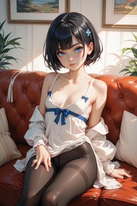  girl ,  blue eyes,  Short hair,  Black hair, black tights ,  is sitting on the sofa, small breasts, широкие бедра, ночнушка