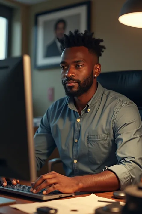 Un technicien géométre topographe de teint  noir un petit tache noir sous le nez côté gauche dans son bureau avec ordinateur sur la table avec les accessoires qui montre le bureau d'un technicien géométre ainsi que sa photo professionnelle en haut derrière lui dans le bureau.  Et son nom affiché sur le derrière de l'ordinateur. ADJOKPALO Jérôme Winston 