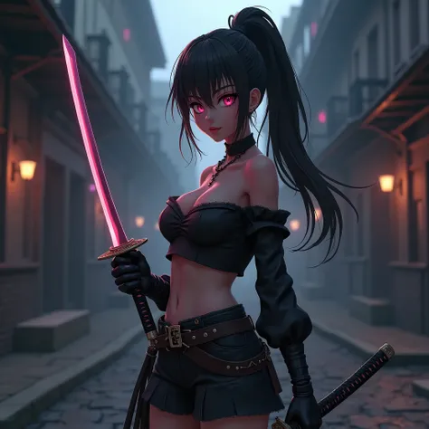 Anime Cowboy Feminino de Cabelos perfeitos no Velho Oeste, dark background, long hair, side bang, high ponytail, ultra detailed face, dark pink eyes, walking at night city ,hood, dual katanas, each hand has a katana, 3D,4k,detalhado, anime concept, lovely ...