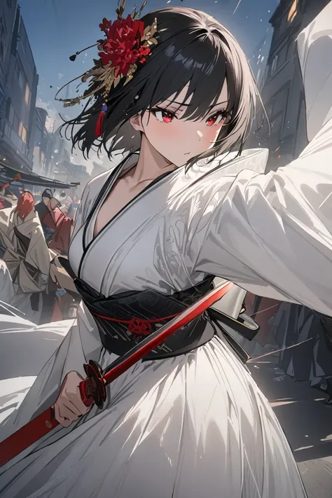 (( best quality)), ((masterpiece)), ( Details),  female in her 20s,  hair ornament, 桃色の髪, Short Hair,  red eyes, Carrying a sword,  Japanese clothes that are easy to move,  less exposed , Fleeting