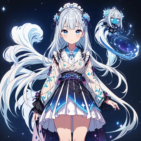 Star Fairy、(  Masterpiece ,  best quality),  1 girl, 「 Beautifully Printed Galaxy Patterned Kimono and Gothic Lolita Outfit.、 Space Print Ruffle Box Pleated Mini Skirt 、Standing in front of the audience、 knee high boots 、 charming eyes、Perfect and attracti...