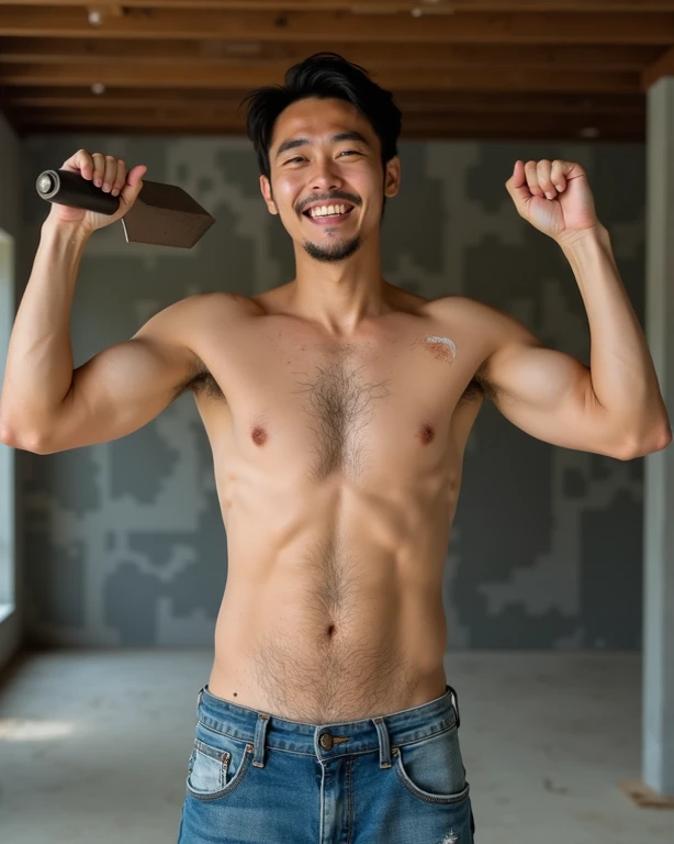 Asian construction worker is shirtless, revealing his chest and stomach hair, wearing jeans that seem to be falling off, he raises his arms to show both armpit hair, holding a trowel in his hand, the atmosphere of an unfinished house construction site, he ...