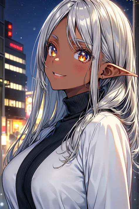 Around town、((Stylish winter clothes、turtleneck long sleeve shirt ))、 greatest masterpiece、 high definition 、 High Quality 、32K、( dark elf teenager women、1 person、 holding a star 、 normal sized breasts、((Beautiful silver hair))、((Tanned dark skin))、  golde...