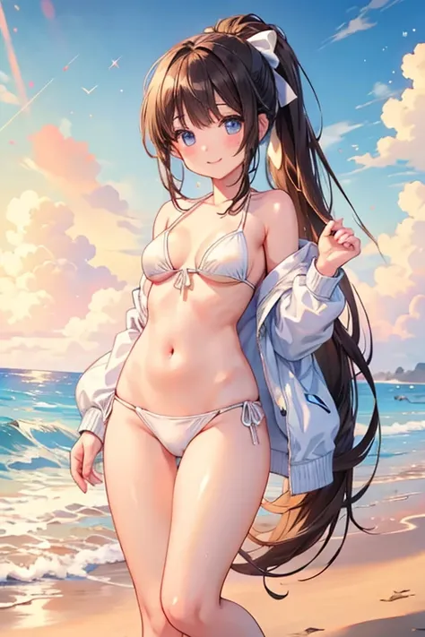 Takane Manaka、   long shiny brown hair  、  ribbon ponytail、smile、Sparkling Eyes, (fine grain)、  very detailed eyes、  very pretty face ,  very detailed eyes,   Masterpiece ,  best quality, Its high definition  , (  best quality,  Masterpiece :1.2),Alone,Alo...