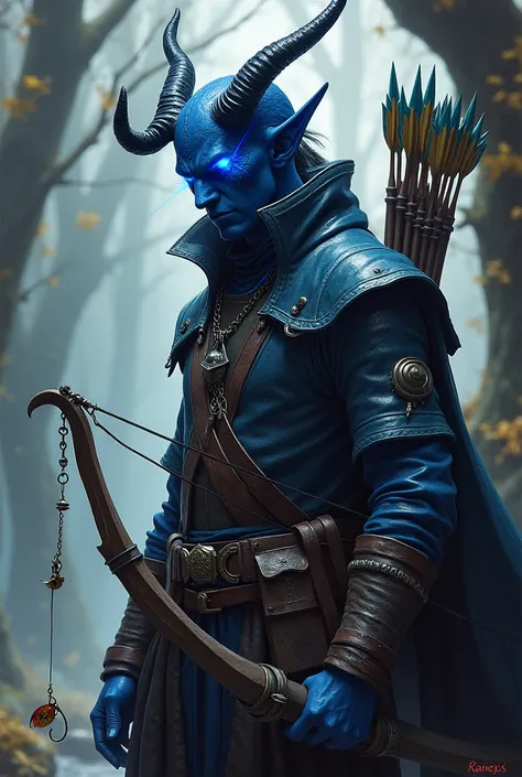 Masterpiece, dnd, tiefling ranger, male, black horns with glowing blue cracks, longbow on back, quiver on back, dark blue and grey leather armour, fishing lure on necklace