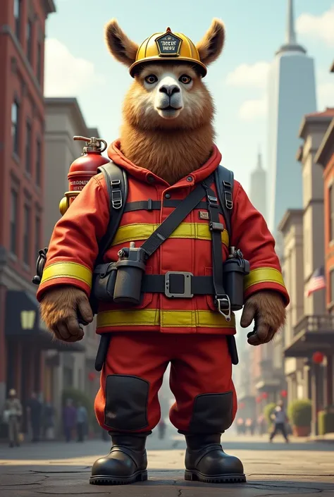 A burly llama dressed as a firefighter