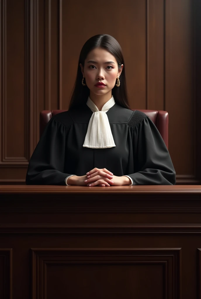 A woman , Dressed as a judge sitting on a bench