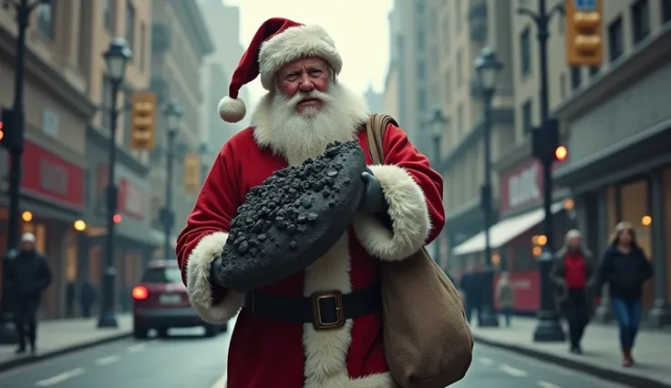 realistic Santa walking on the street with coal in his hands and sack