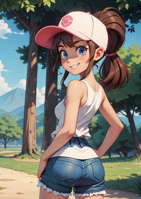 [hilda (pokemon)], [Pokemon], ((masterpiece)), ((HD)), ((high res)), ((solo portrait)), ((back view)), ((waist up)), ((cute anime aesthetic)), ((detailed shading)), ((intricate details)), {(attractive figure), (brown hair), (long ponytail), (cute blue eyes...