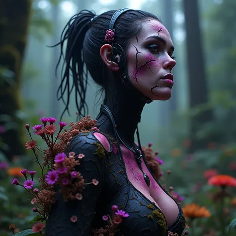 Prompt:  “Neonpunk style , 20 years, A full-body and face shot of a scary and powerful black goddess,  in a state of decay and fragile ,  living in the wild forest ,  old and rustic prostheses ,  covered with lush , bread, fungus, cracked face,  wild flowe...