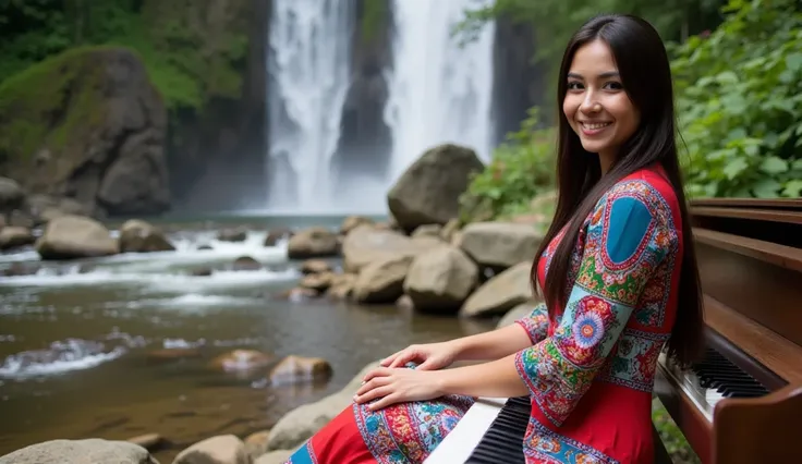 " A beautiful Colombian woman wearing a vibrant traditional dress and intricate prints, playing the piano in front of the stunning Zetaquira waterfalls , Colombia.  The scene features lush green vegetation ,  flowing water surrounded by rocks and a serene ...