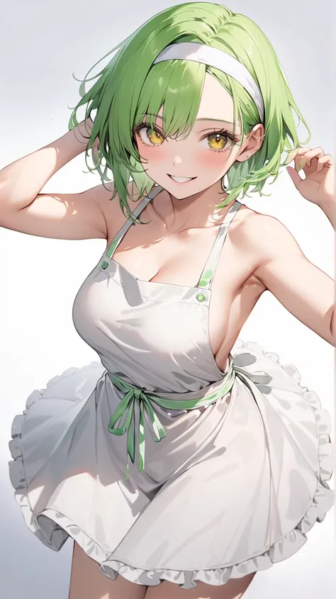 full body display,semi realistic, Masterpiece, Master work, perfect , 4k,semi realistic, masterpiece, newest, absurdres, 1woman, short hair, average size breasts, short neon green hair,wearing headband, middle parted bangs, neon green colored hair, large f...