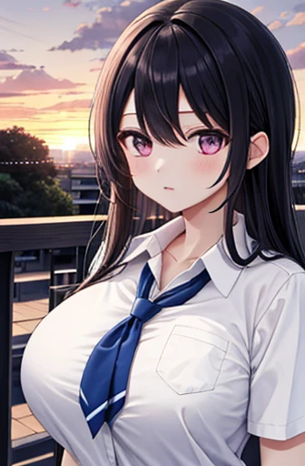 {  Masterpiece }, {  best quality }, 1 girl,School_uniform,sunset, big breasts、 black hair long hair, big breasts、