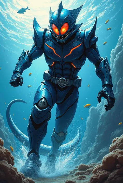 Creative Manga character inspired by Kamen rider and the sea, with a design inspired from the fish 