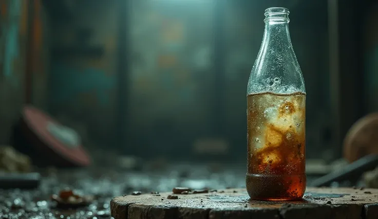 a realistic water bottle, moldy water, bottle on the right third of the image, advertisement, detailed, highly realistic, photorealistic, 8k, ultra-detailed, masterpiece, cinematic lighting, vibrant colors, dramatic shadows, glass bottle, condensation, wat...