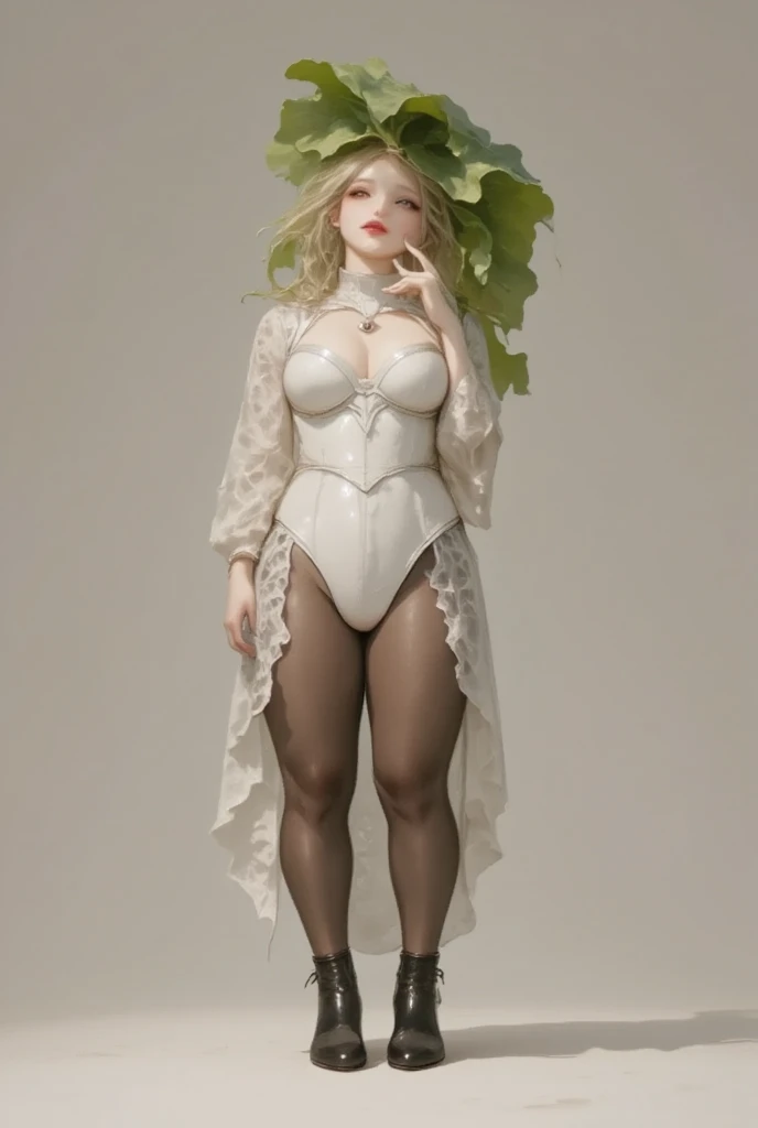  with a radish motif,( best quality, very detailed depiction, Incredibly Absurd High Resolution,Curvaceous Body),(Bewitching Queen ),(1 woman in a shiny white latex dress ,Body net suit,White lace gloves, luxury accessories ,earrings,necklace, bracelet ,A ...