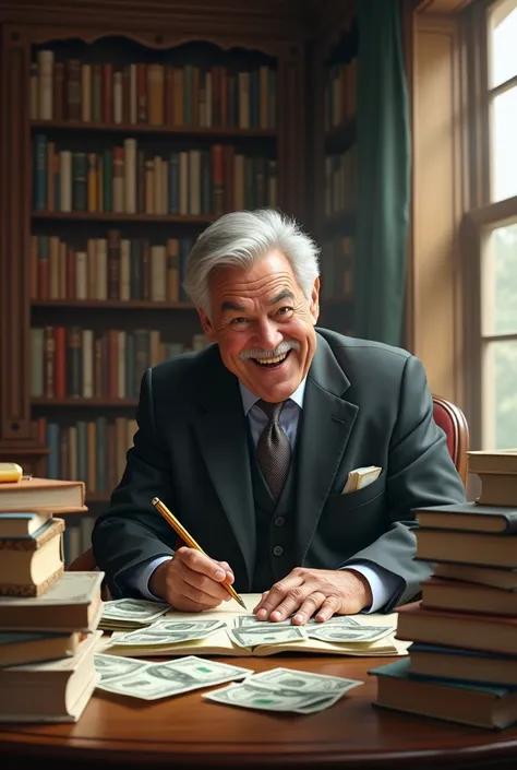 Realistic image of surprisingly happy writer among books, Counting money 