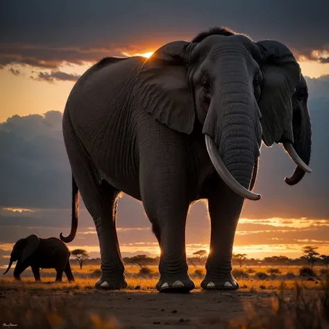 an African bull elephant, with a background dark sky, sunset,