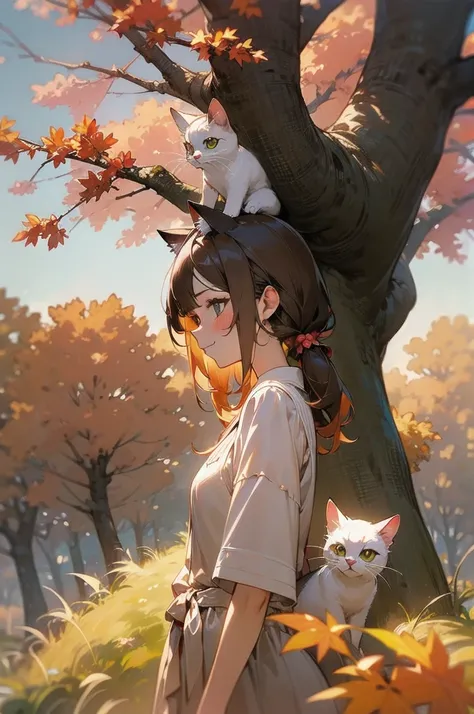 1 Female(Cat ears,beautiful, and smiles , pressing the face against the kitten ,Holding a kitten, white skin, dress),Side view,background(Light Crimson ,autumn桜,autumn,tree漏れ日, fallen leaves,tree々),  Oil painting