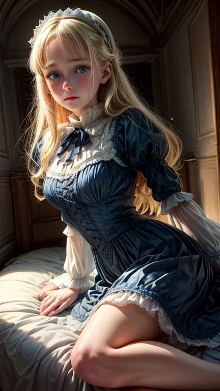  Virginia Otis ,  (Blonde,  blue eyes), thin,  cute face, A boudoir in a clean castle、 sad expression  (novel「 The Ghost of the Canterville Family 」Inspired by ). 1887, Dark Victorian fantasy　Im crying and sleeping in bed