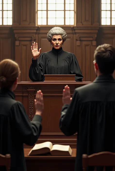 A woman , Dressed as a judge sitting on a bench,  standing on the stand a person raising their right hand and left hand in the bible, Like swearing  