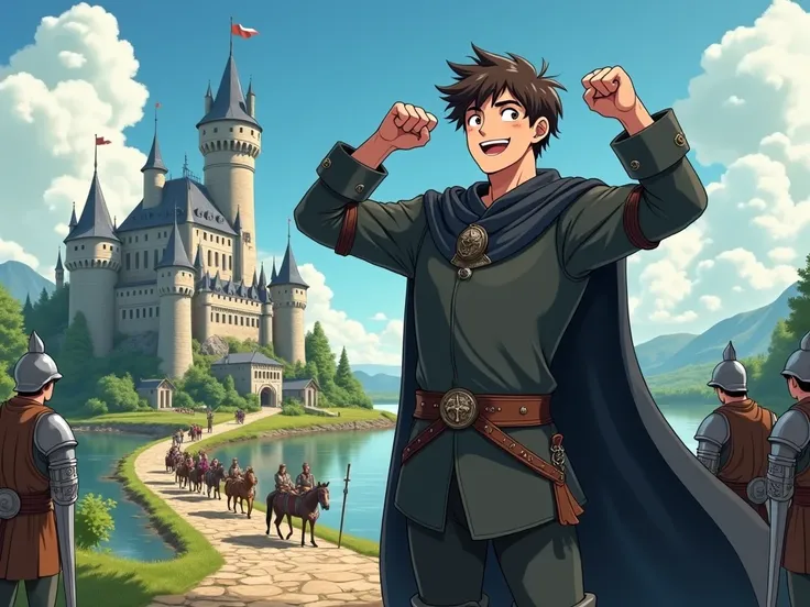 anime-style, A large, grinning young man stands confidently in front of a majestic medieval castle located on a swamp. The man seems like a giant compared to the castle. The man raises his fists triumphantly with an excited expression on his face. He has t...