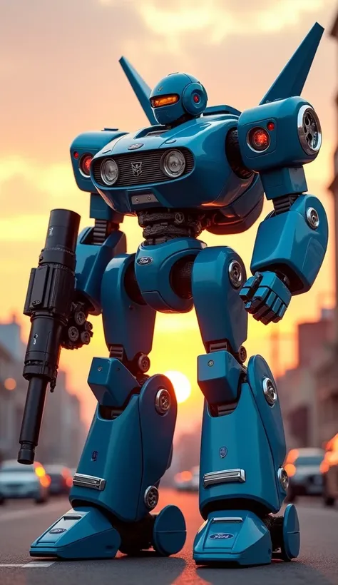 "A hybrid design of a mecha robot and a Ford Escort Mk 1 car. The mechas chest features the cars iconic front grille and headlights, with the badge as a centerpiece. Its color scheme is predominantly blue, with grey used for the mechanical joints and struc...