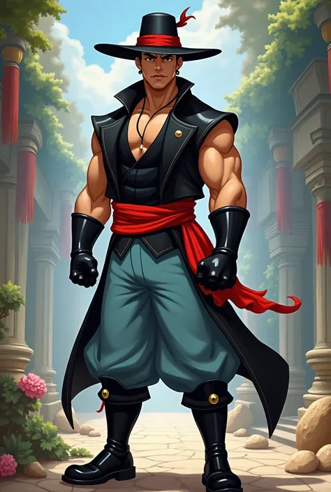 A man with a black hat with a red stripe wearing a black Chinese vest, light blue pants, a red waist sash, black boots and black gauntlets in disney style 