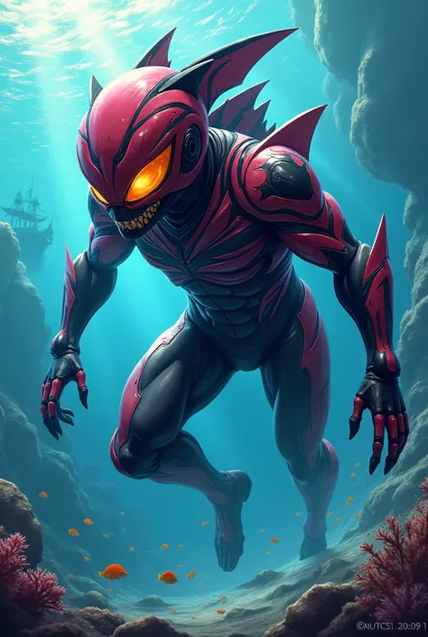 Creative Manga character inspired by Kamen rider and the sea, with a design inspired from the fish 