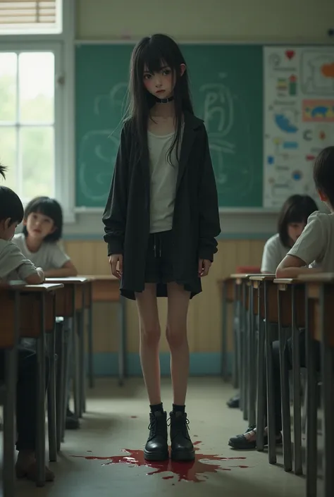 Realistic  girl. In classroom. Thin. Goth style clothes. Peeing herself. Pee accident.