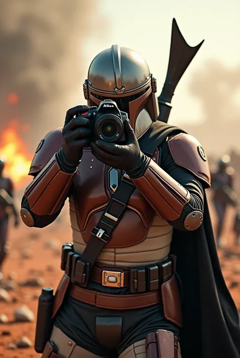 Mandalorian holding a Nikon DSLR like a cameraman in battlefield 

