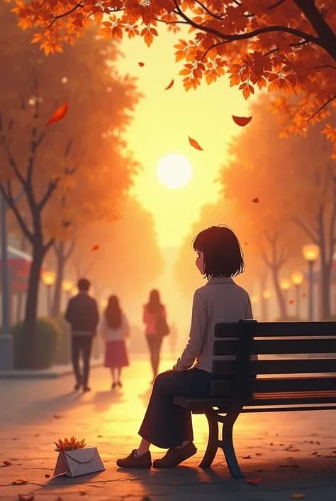 A scene at dusk ,  with warm and welcoming tones ,  showing a person sitting alone on a bench in the square ,  with a serene and reflective expression .  The surrounding scenery has trees with falling leaves and a light golden glow illuminating everything,...