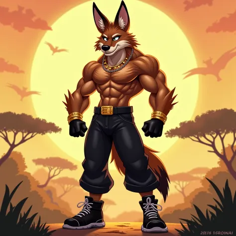  brown muscular jackal furry jock in gold bracelets, wearing black boots , in black pants, wearing black gloves, stands against the background of a cartoon-style savvana