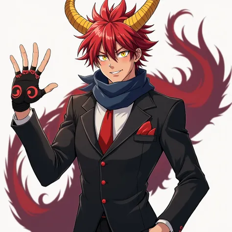 anime,chico,young,man,yellow eyes With concentric circles ,golden horns, long intense red hair , fingerless fighting gloves with a red crescent in the middle,black tuxedo,dark blue scarf,red tie, Inspired by Awataguchi Takamitsu,  like an anthropomorphic d...