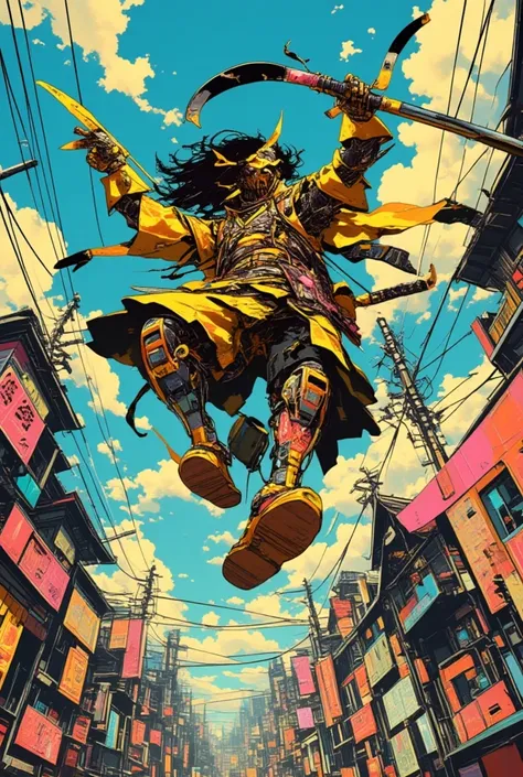   African Cyberpunk Wizard Flying Through Town, digitalコラージュ, afro samurai style,   album art, Afrofuturism, Bella Nagy Abody  ,   musician  , digital,   mixed media ,   Complex Cybernetic Entity ,   Dirk Dzimirsky  