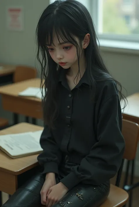 Realistic  girl. In classroom. Thin. Goth style clothes. Peeing herself. Pee accident. Wet pants.