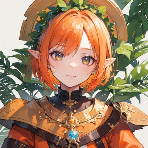 (( best quality)), ((masterpiece)), ( Details),  perfect face,juvenile,Bob Head ,Orange Hair,Elf,smile