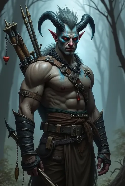 Masterpiece, dnd, tiefling ranger, male, big nipples, black horns with glowing blue cracks, grey mohawk, longbow on back, quiver on back, dark blue and grey leather armour, fishing lure on necklace